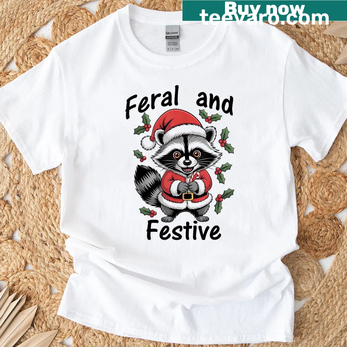 Cartoon raccoon in Santa outfit on a festive T-shirt — on a men's t-shirt