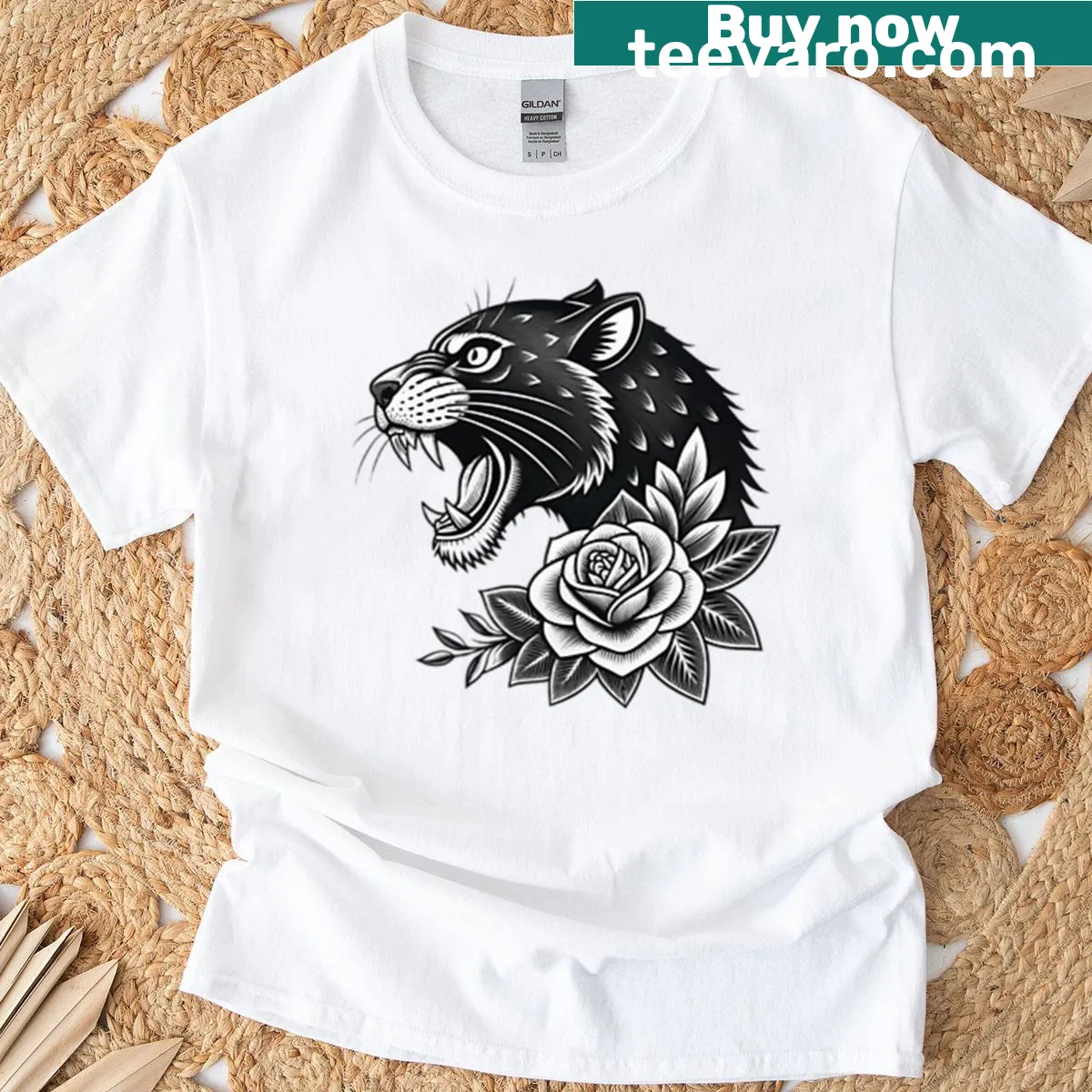 T-shirt featuring a black and white roaring panther head with an elegant rose. — on a men's t-shirt