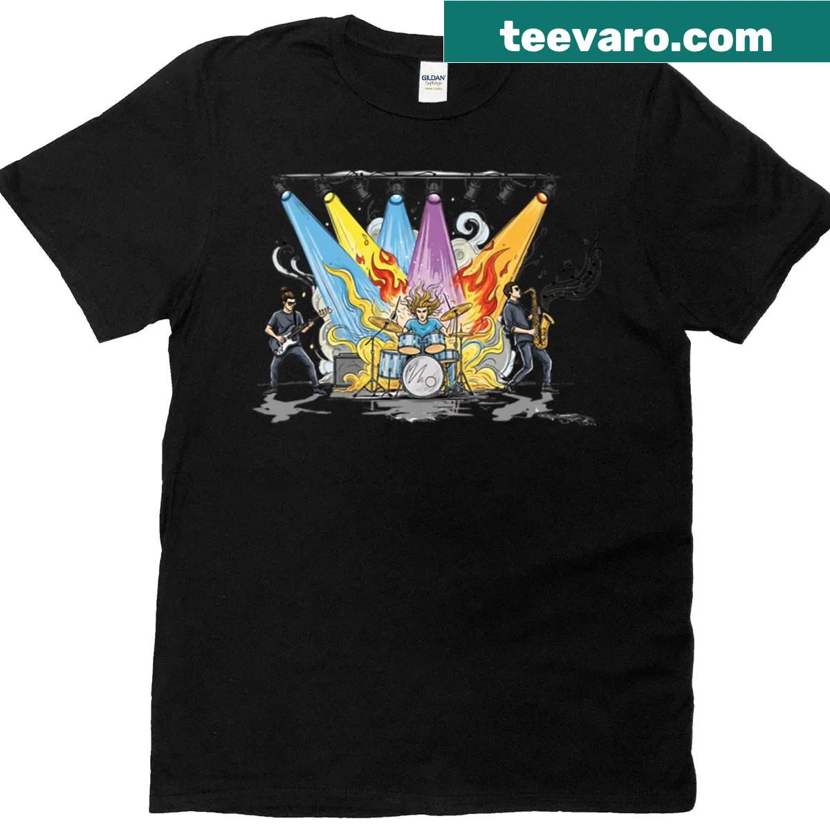 Dynamic T-shirt with bold typography celebrating live performances — on a men's t-shirt