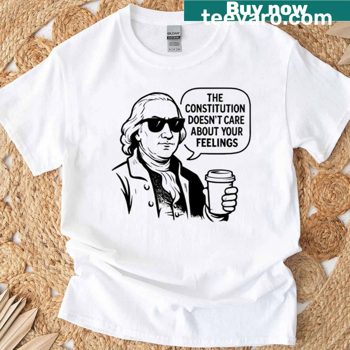 Satirical coffee-themed graphic featuring Founding Fathers T-shirt — on a men's t-shirt