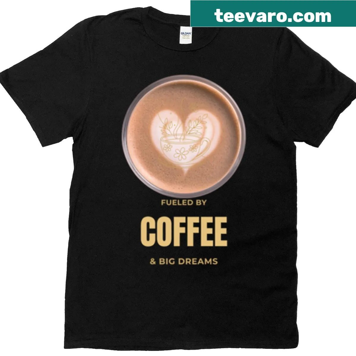 Illustrated T-shirt with coffee cup and floral designs — on a men's t-shirt