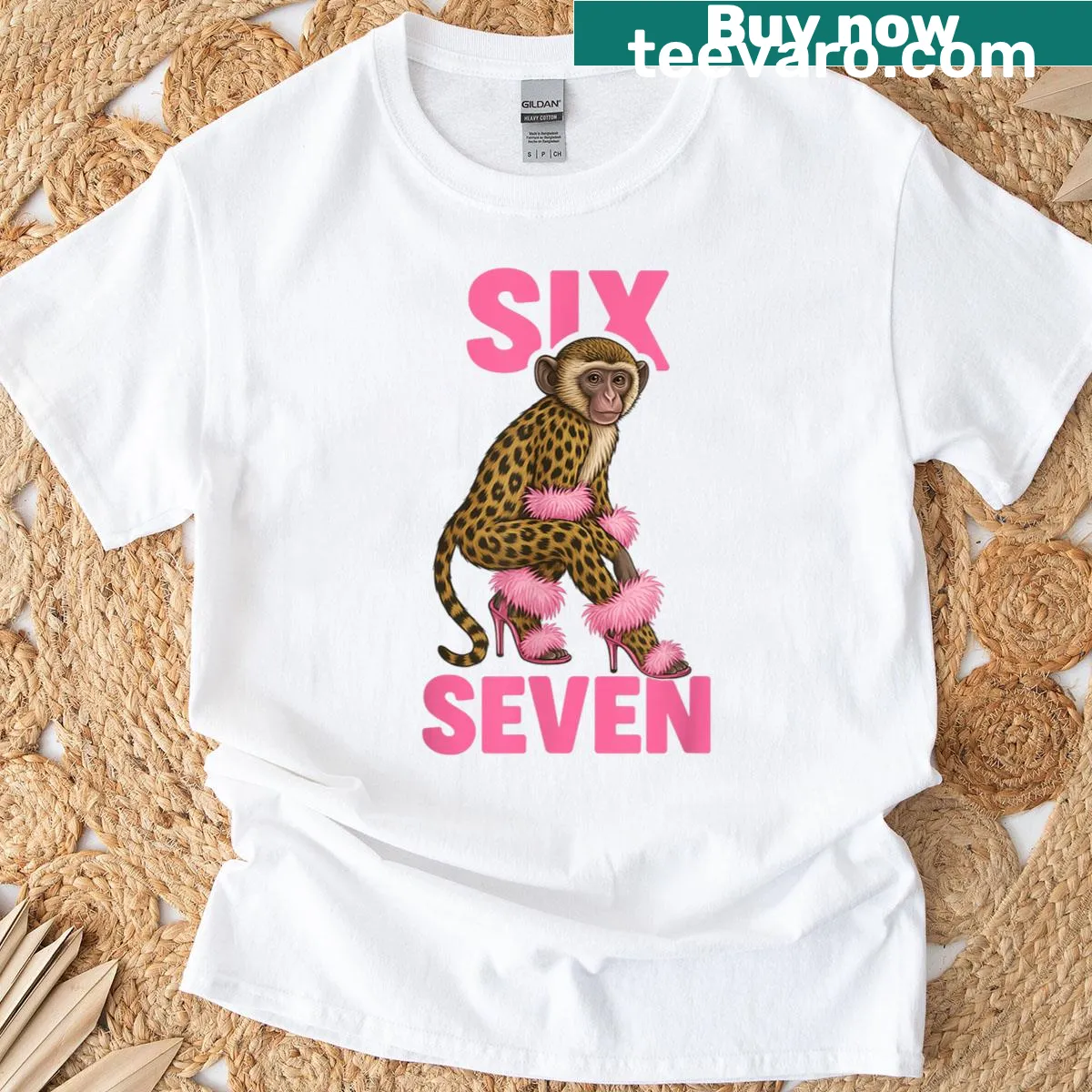 Artistic T-shirt featuring a funky monkey in pink heels. — on a men's t-shirt
