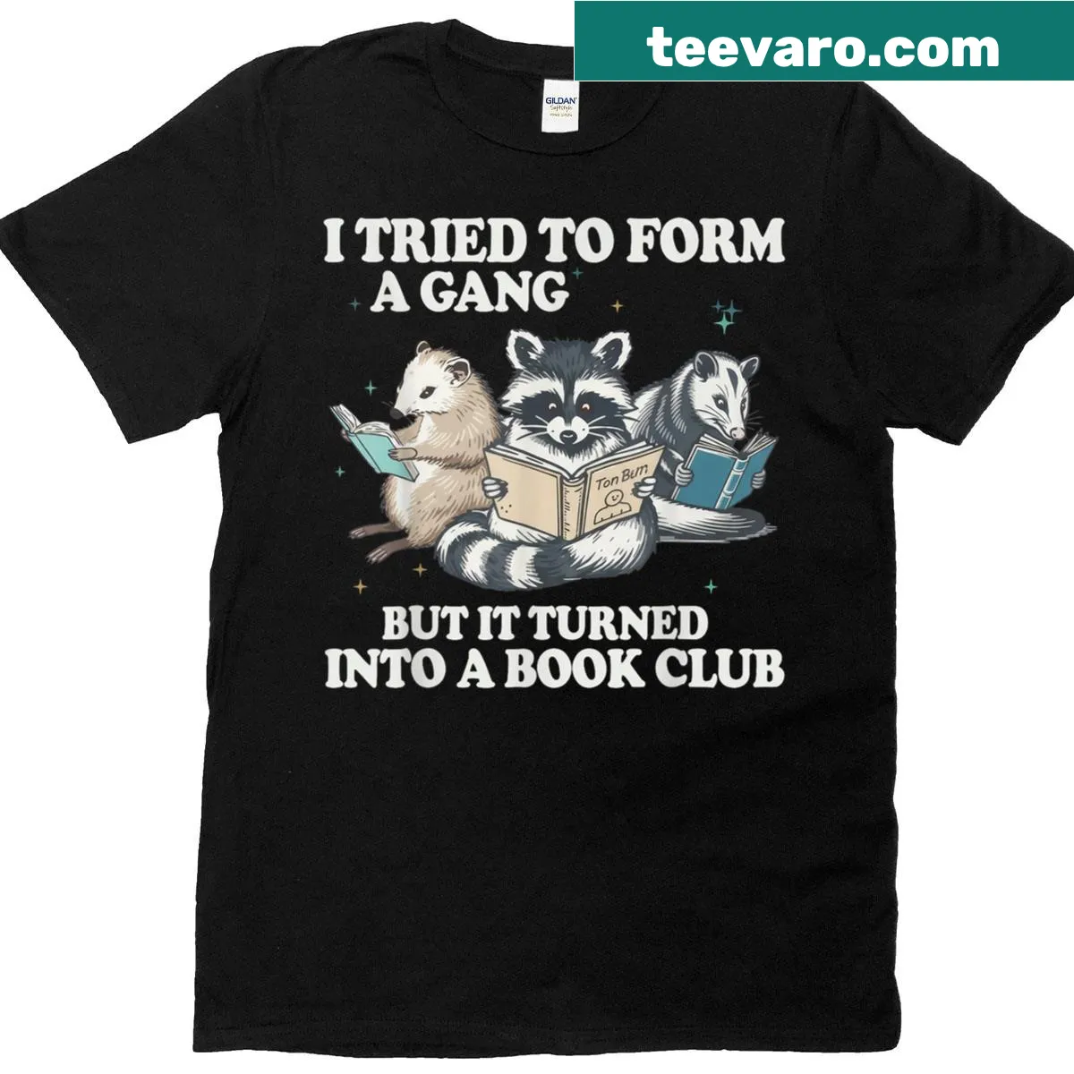 T-shirt with humorous book club quote and animal graphics — on a men's t-shirt