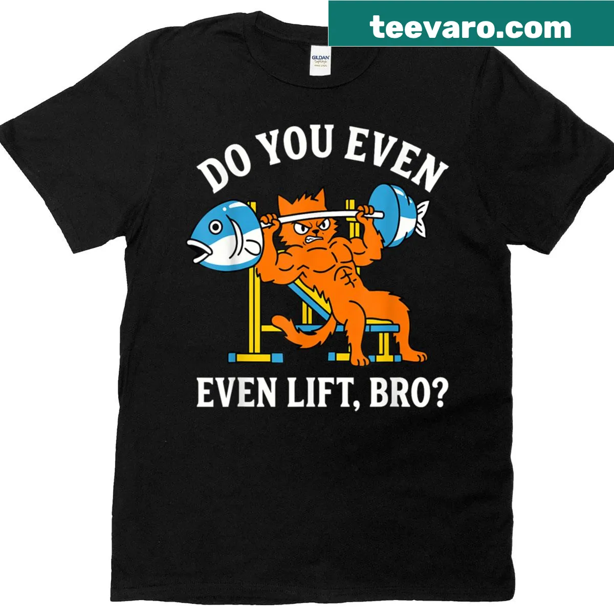 Funny cat gym shirt with humorous 'Do You Even Lift Bro' text — on a men's t-shirt