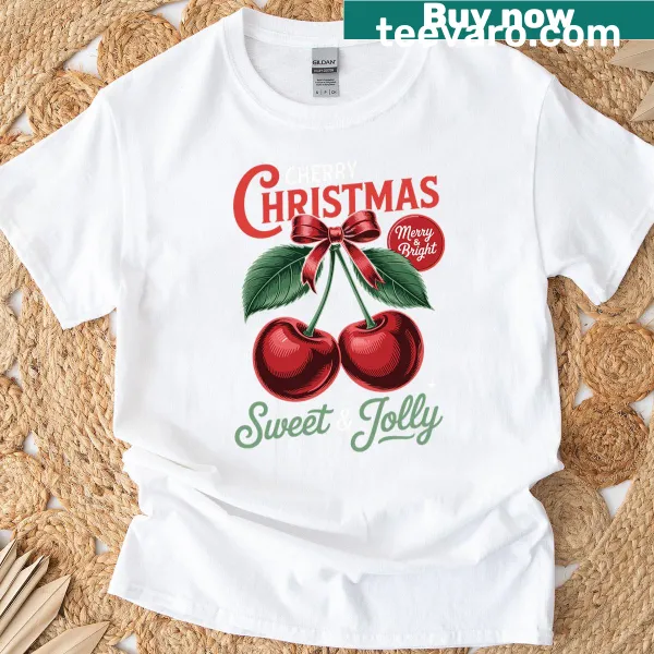 Illustrated T-shirt featuring cherries in Christmas attire