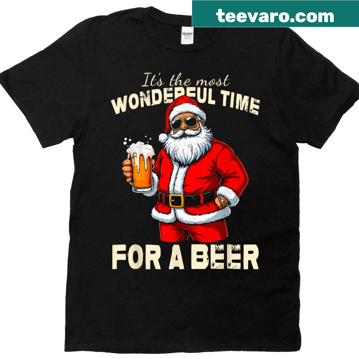 Funny Christmas T-shirt with Santa drinking beer — on a men's t-shirt