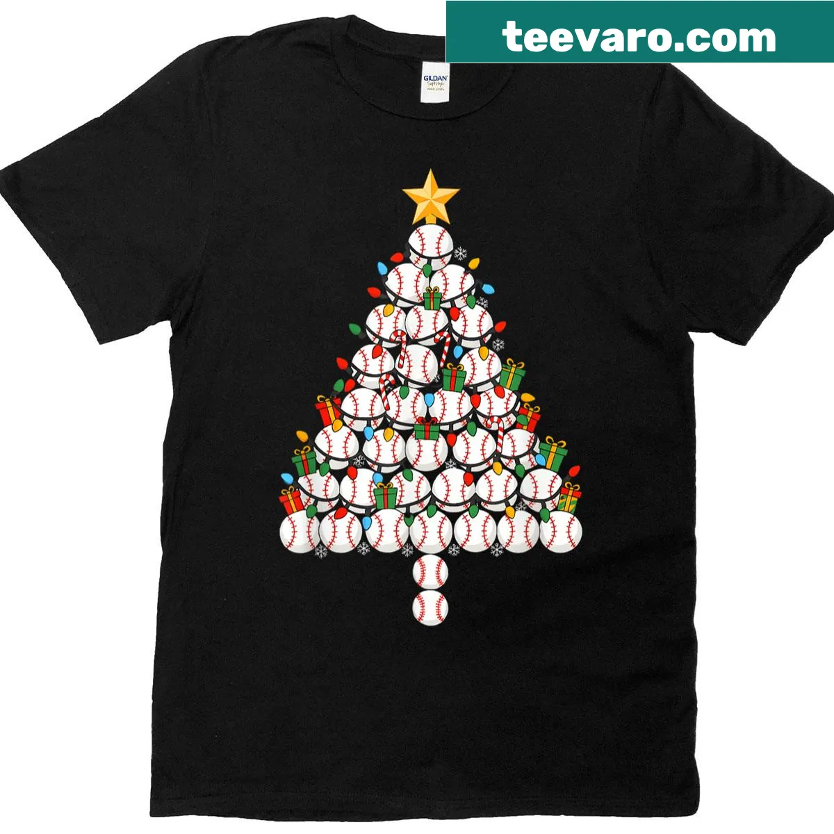 Funny baseball lover t-shirt with Christmas tree lights — on a men's t-shirt