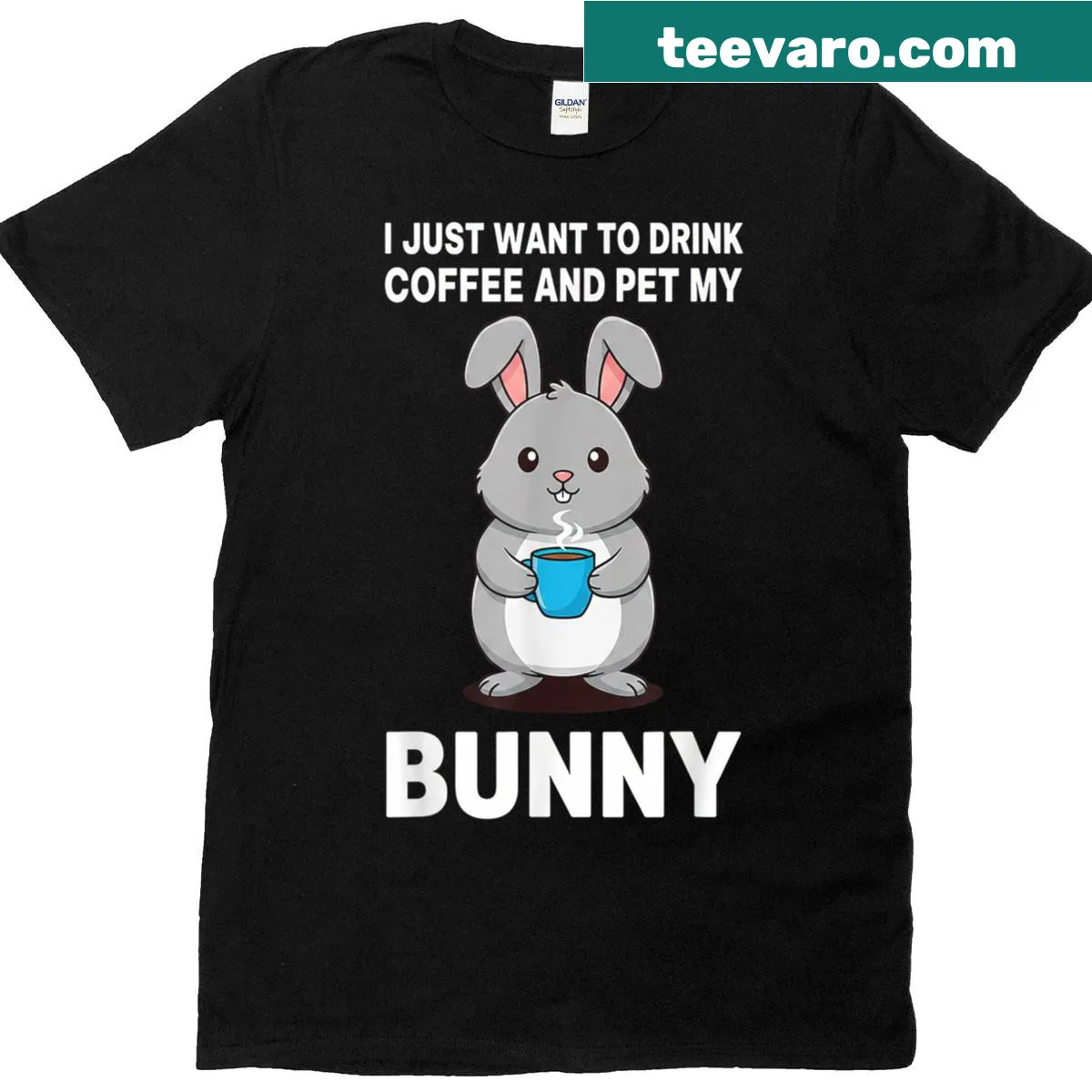 Cute bunny graphic T-shirt with coffee humor — on a men's t-shirt