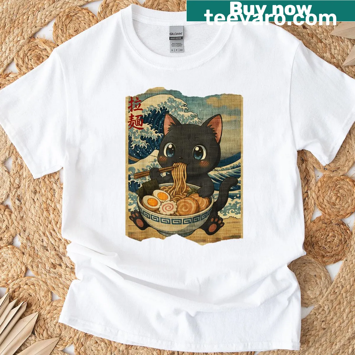 T-shirt featuring a kawaii black cat with ramen bowl and Japanese waves — on a men's t-shirt