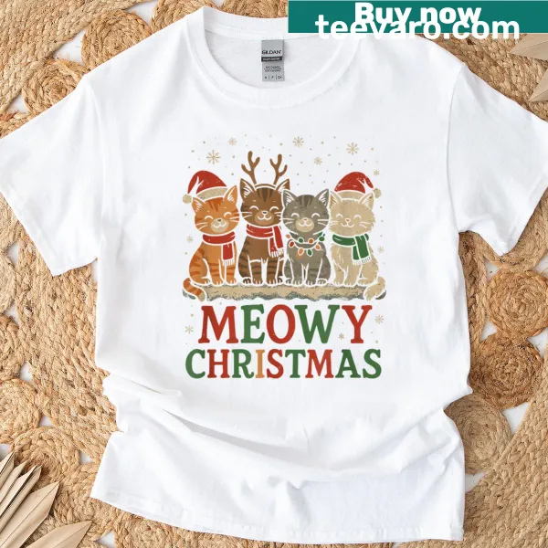 Cartoon art of kittens celebrating Christmas on T-shirt