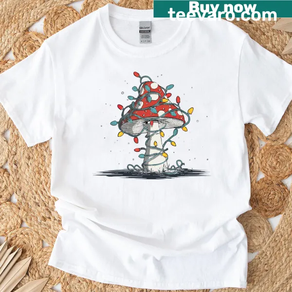 Funny mushroom Christmas graphic t-shirt with lights