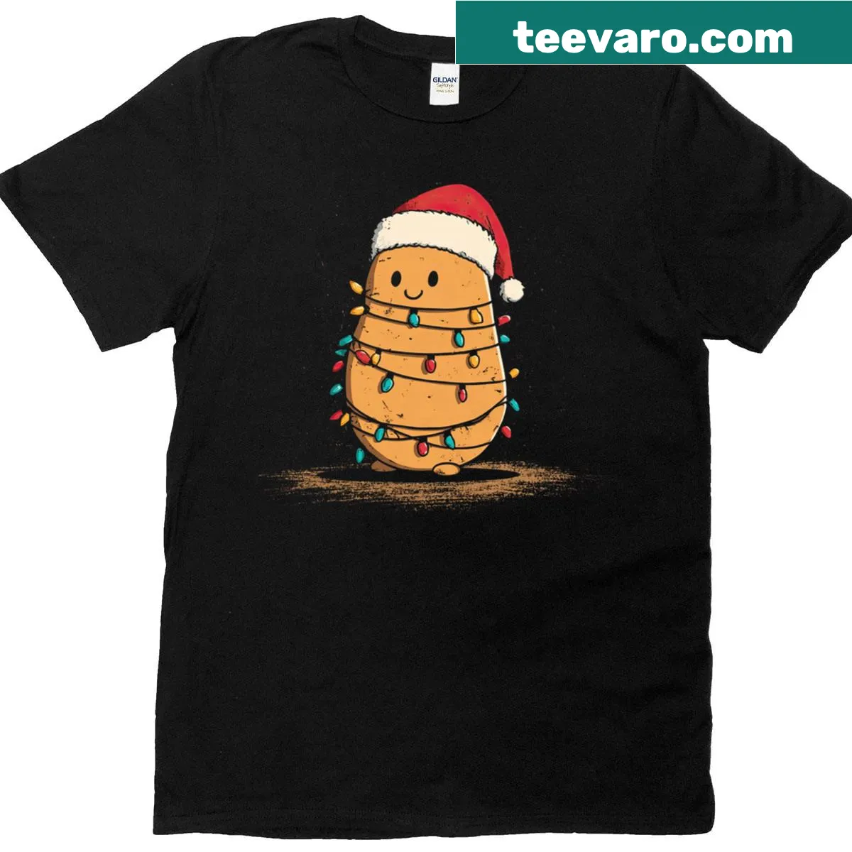 A humorous potato graphic adorned with Christmas lights on a T-shirt — on a men's t-shirt