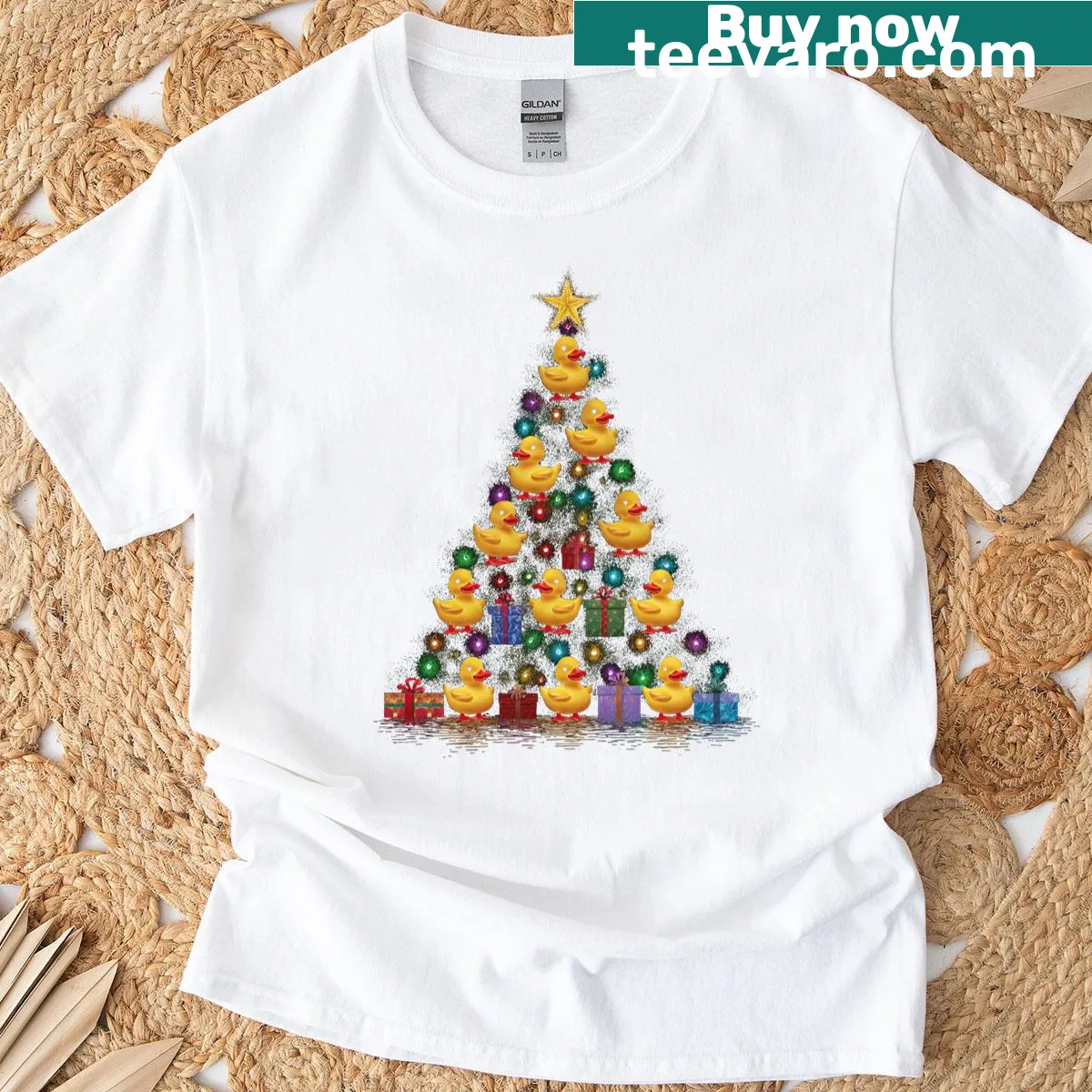 Christmas tree graphic featuring rubber ducks — on a men's t-shirt