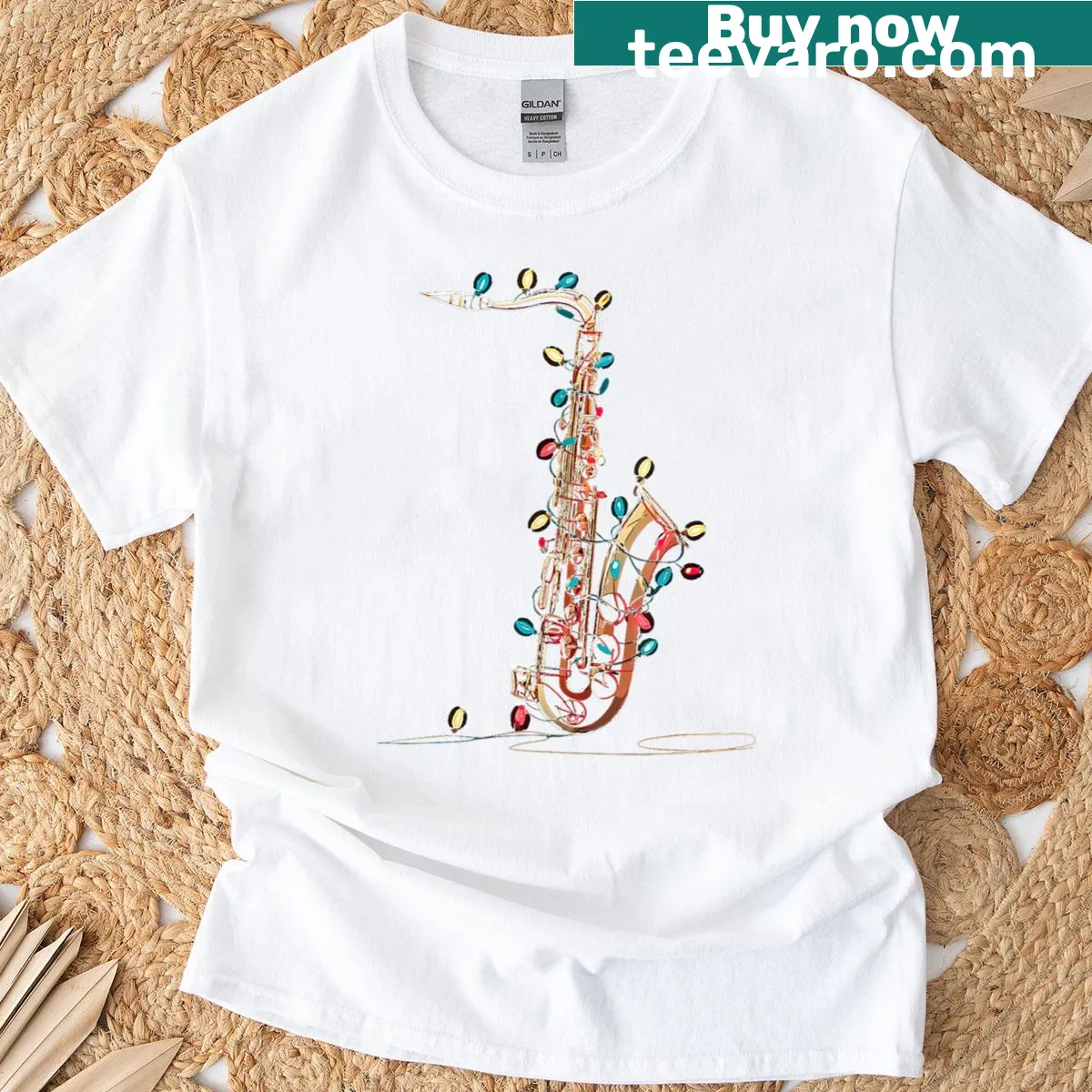 Humorous t-shirt with saxophone and Christmas lights graphics. — on a men's t-shirt