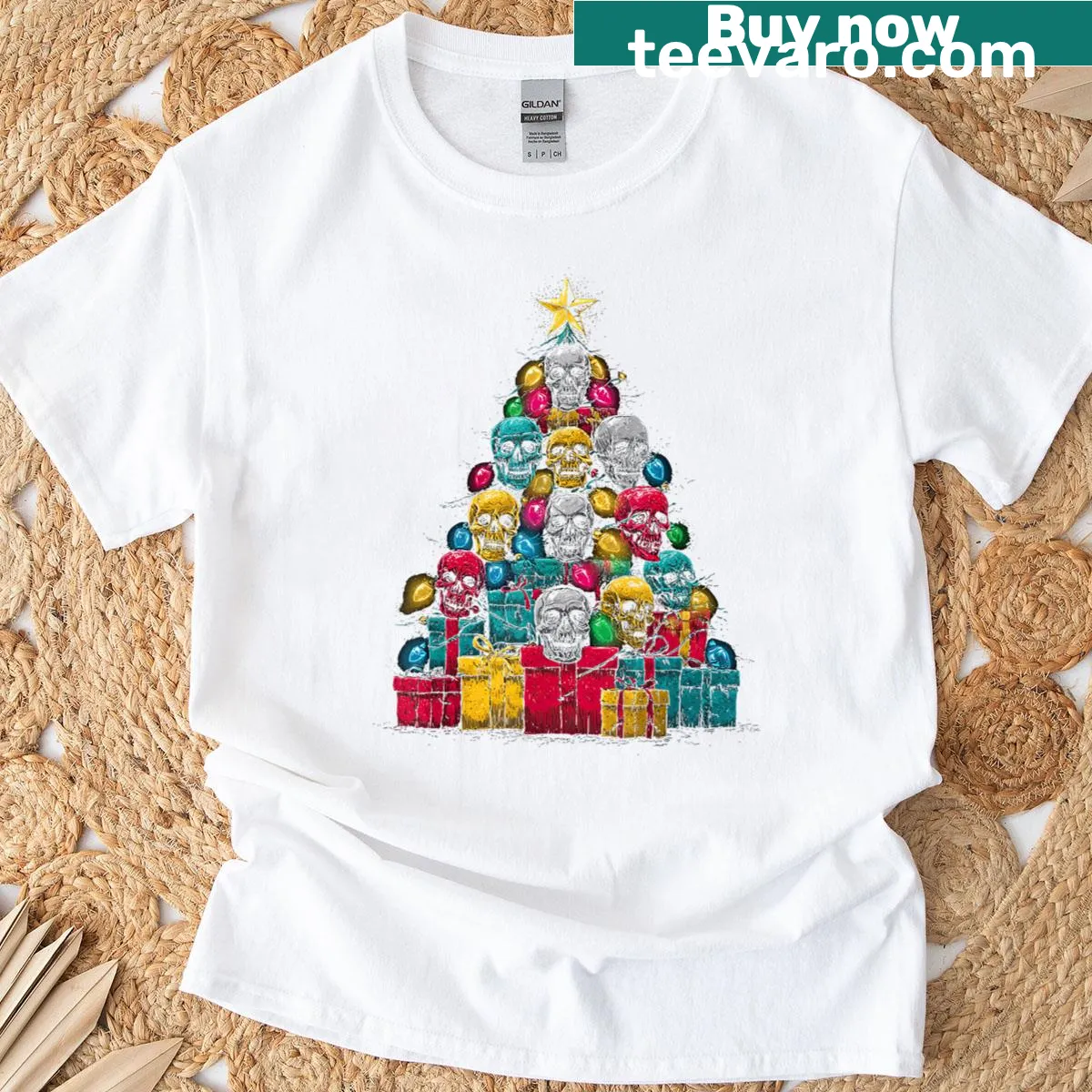 Graphic t-shirt with a Christmas tree made of skulls for a humorous twist — on a men's t-shirt