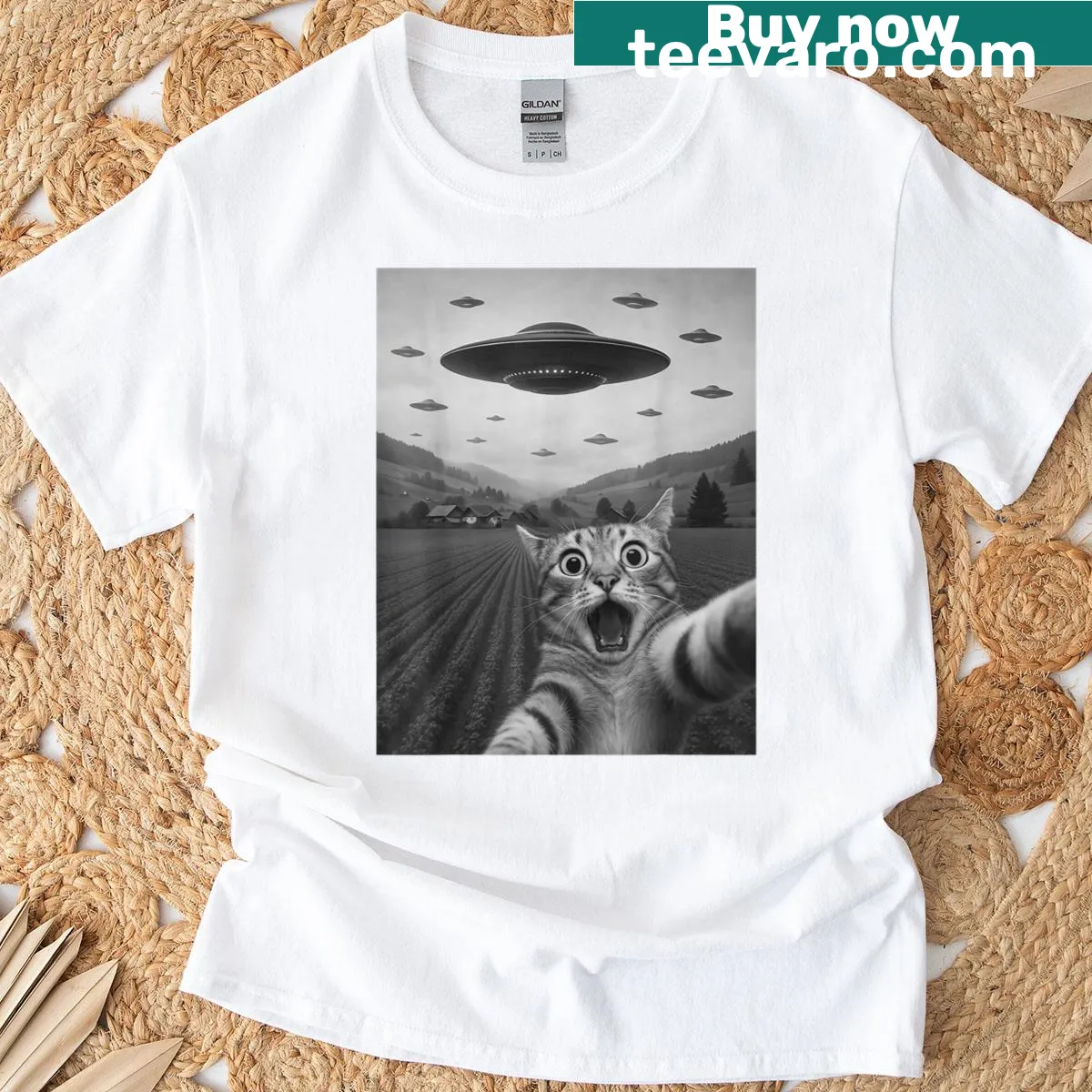 Whimsical cat selfie design with an alien UFO — on a men's t-shirt