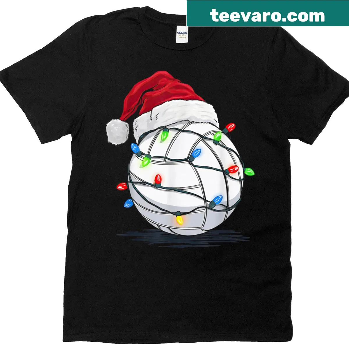Festive volleyball T-shirt with Christmas lights and playful graphics — on a men's t-shirt