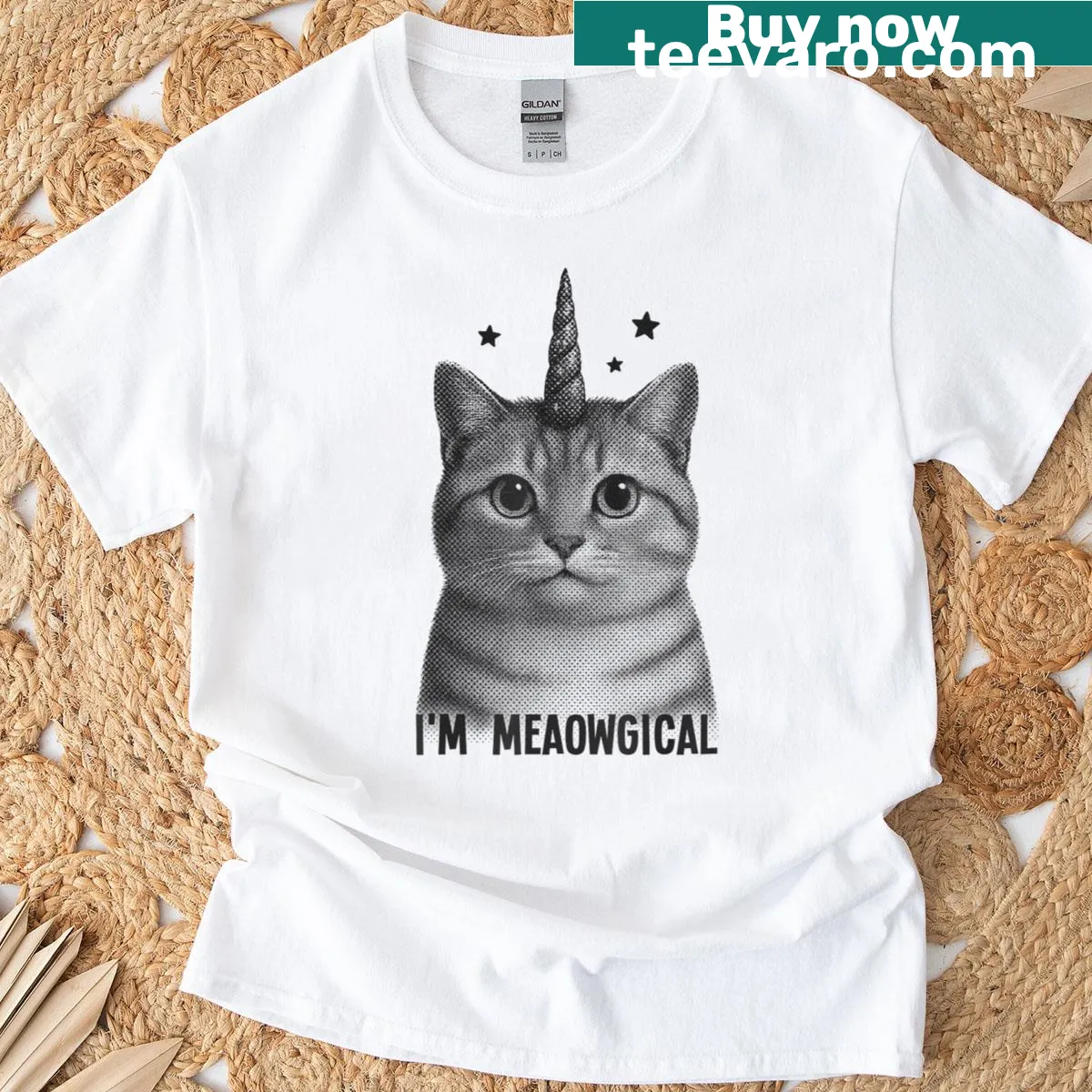 Retro Y2K cat meme t-shirt featuring a funny caticorn — on a men's t-shirt