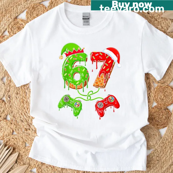Gamer-themed Christmas t-shirt with controllers and ice cream graphic