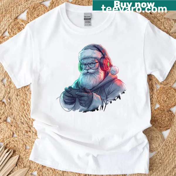 Gamer-themed Christmas T-shirt with Santa and RGB glow design