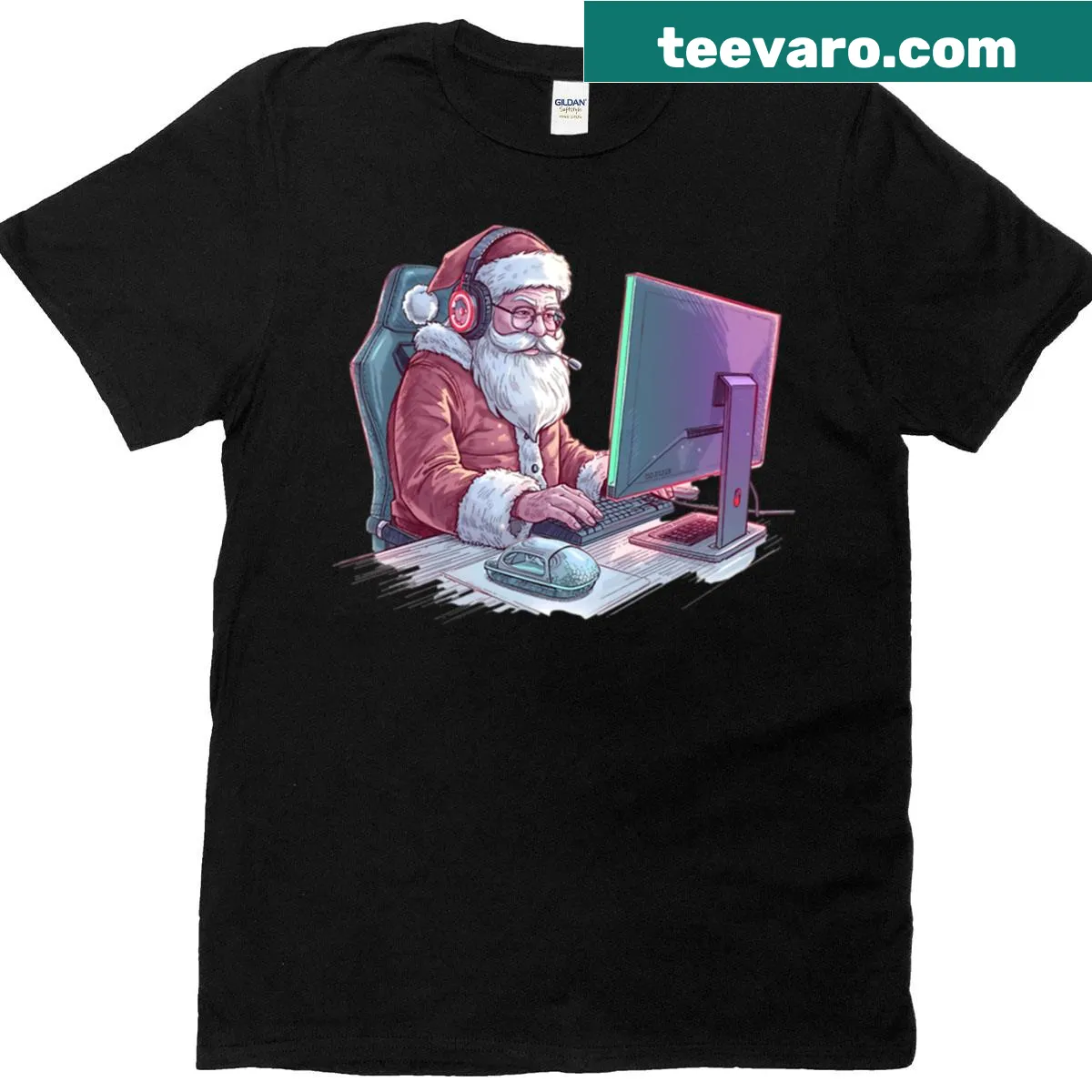 Gaming-themed Christmas T-shirt featuring Santa with RGB design — on a men's t-shirt