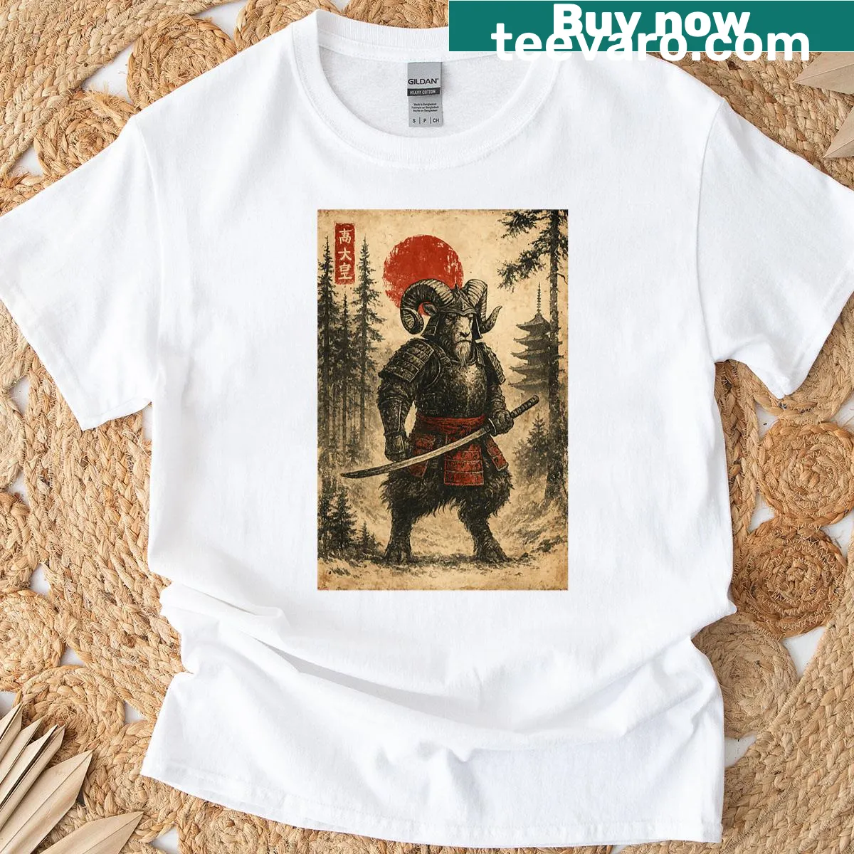 Vintage graphic T-shirt featuring a goat samurai warrior — on a men's t-shirt