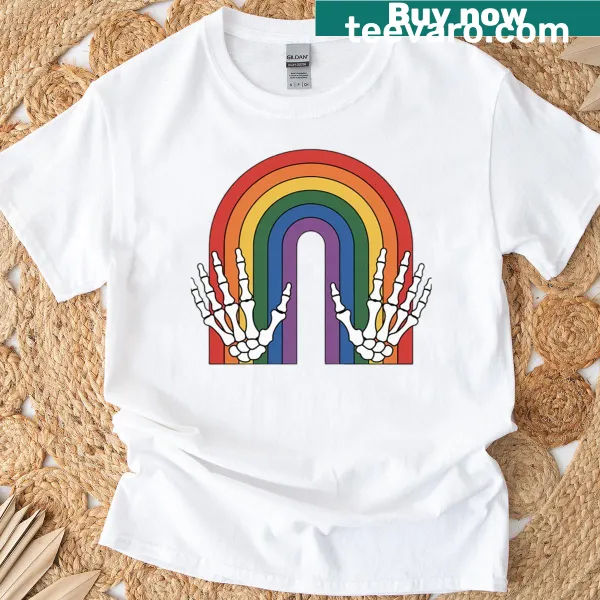 Skeleton hands graphic with rainbow colors for LGBTQ pride