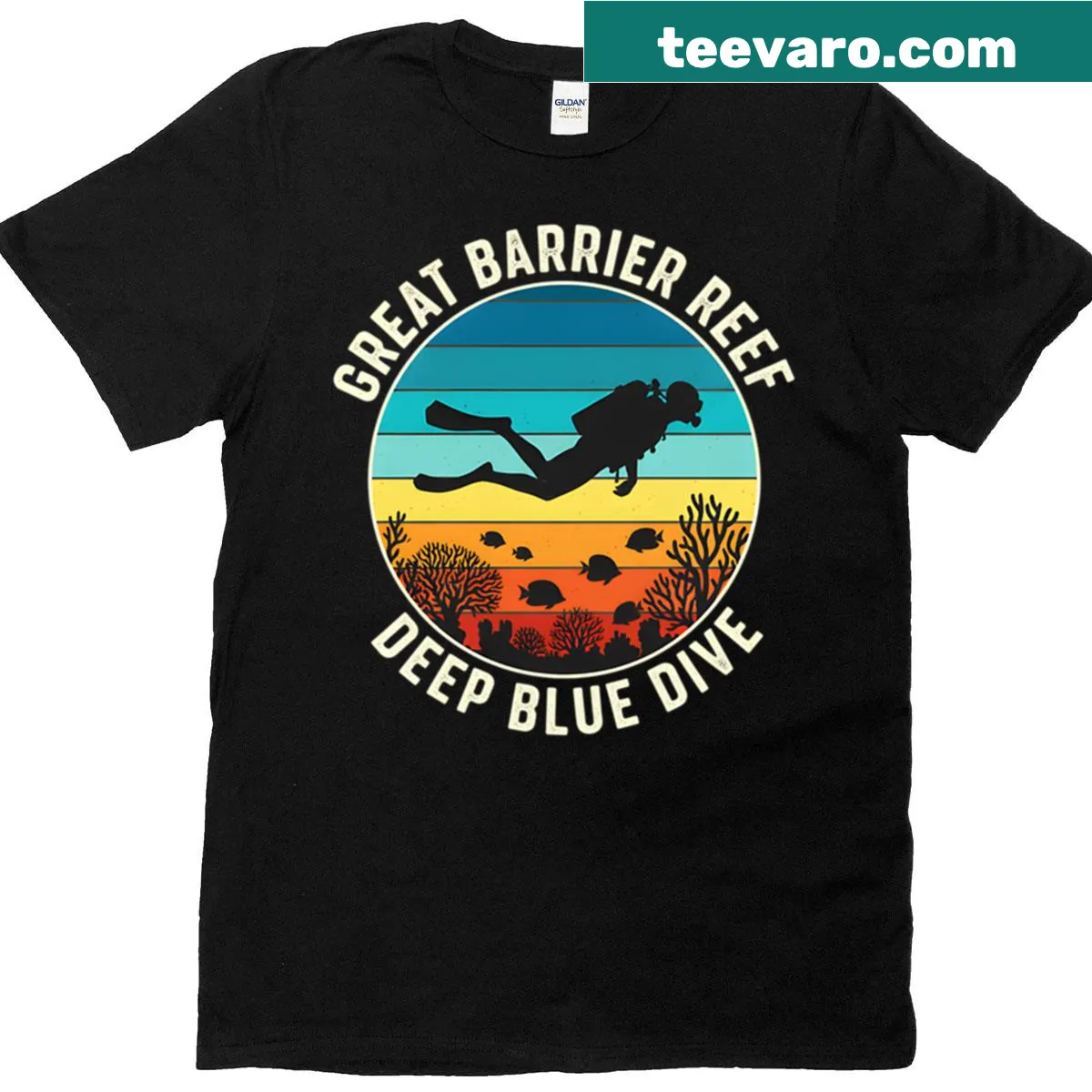 Illustrated T-shirt featuring the Great Barrier Reef underwater scene — on a men's t-shirt
