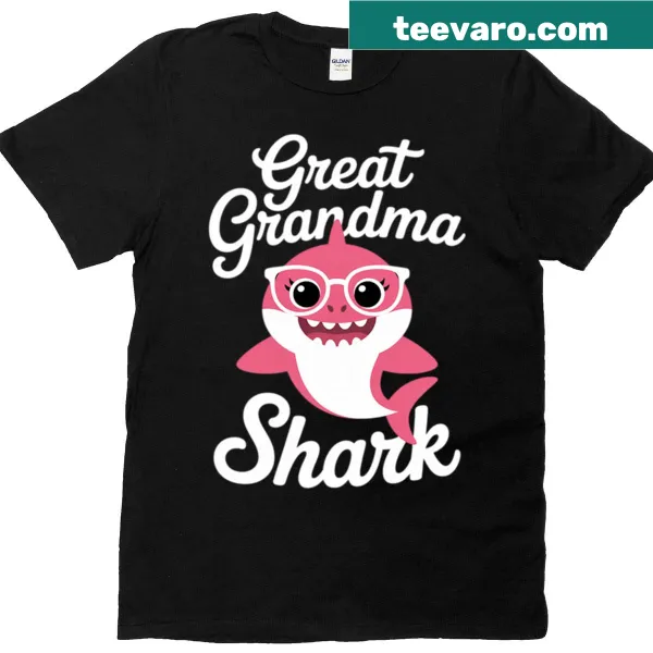 Cute shark illustration with text 'Great Grandma Shark' on a T-shirt