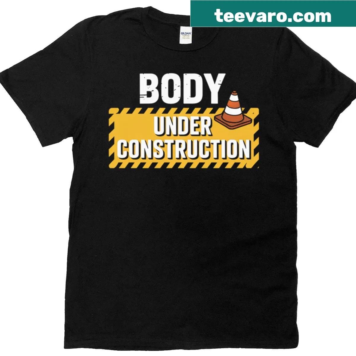 T-shirt with playful 'Body Under Construction' graphic for gym enthusiasts — on a men's t-shirt