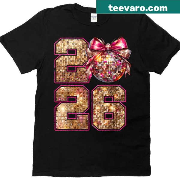 New Year 2026 T-shirt with disco ball and coquette bow design