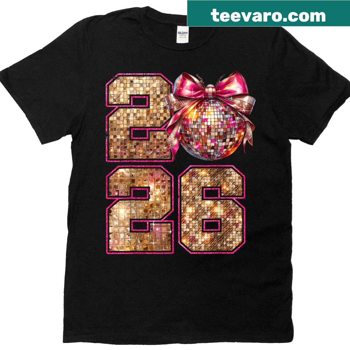 New Year 2026 T-shirt with disco ball and coquette bow design — on a men's t-shirt