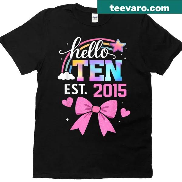 Cute T-shirt with bow graphic and text 'Hello Ten Est 2015' for girls
