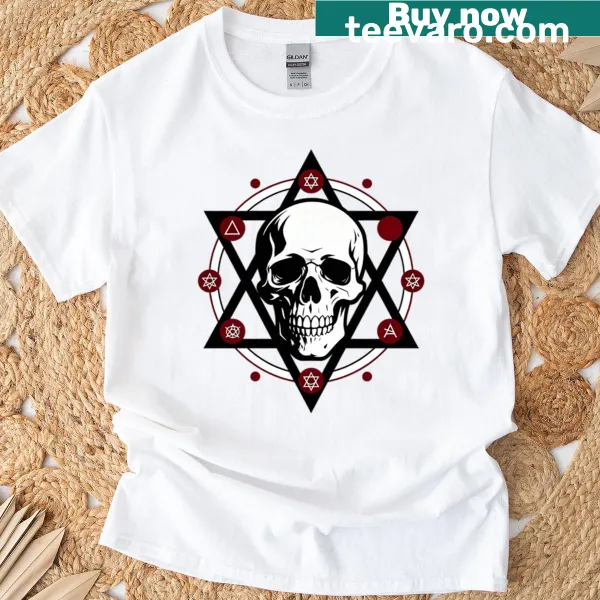 T-shirt with an occult skull symbol design and Crimson Gate theme