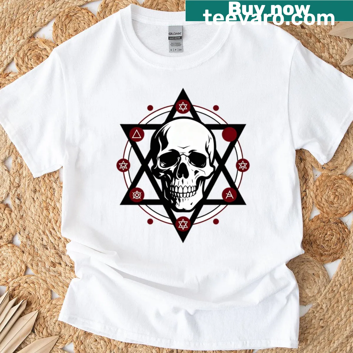T-shirt with an occult skull symbol design and Crimson Gate theme — on a men's t-shirt