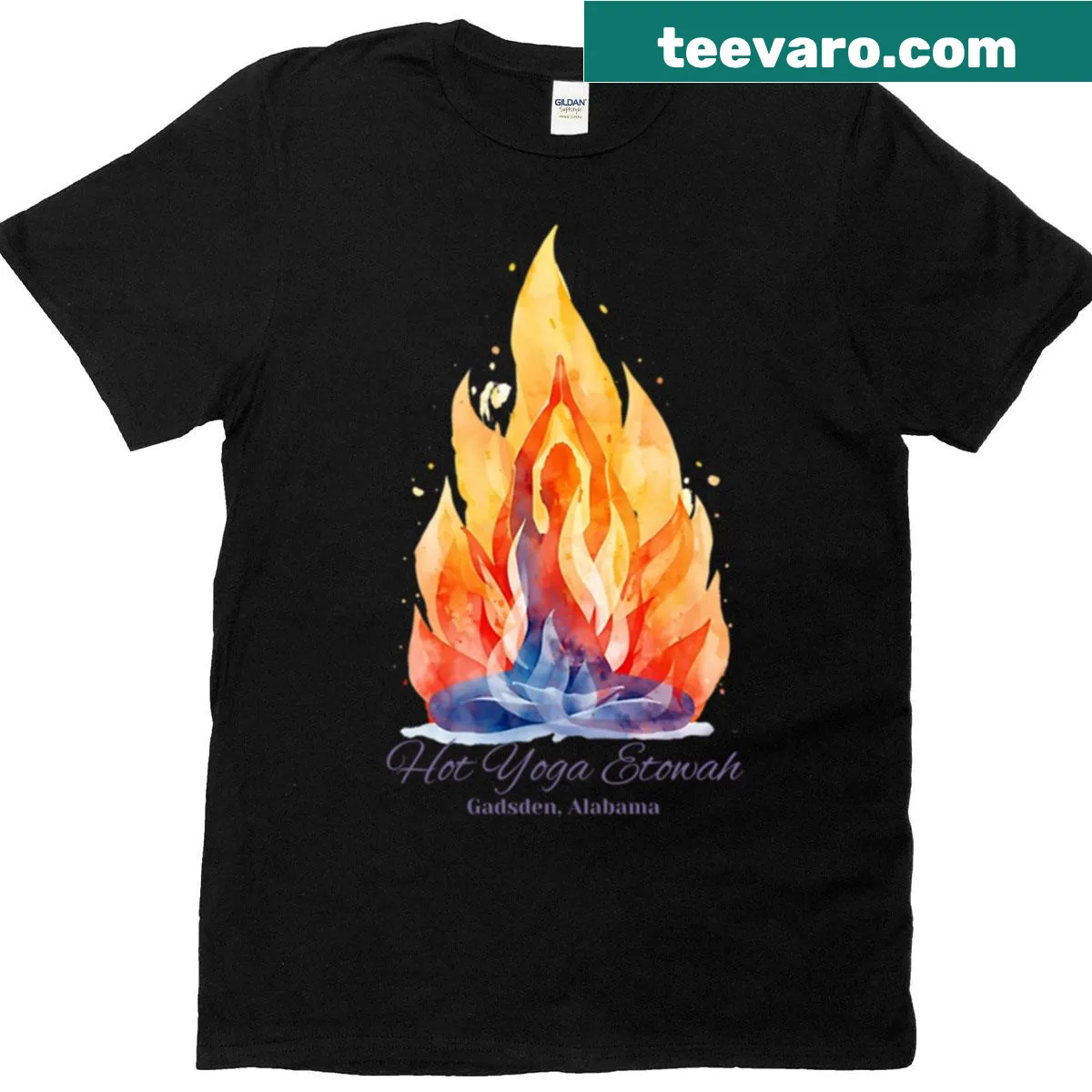 T-shirt with blue and orange flame design for hot yoga fans — on a men's t-shirt