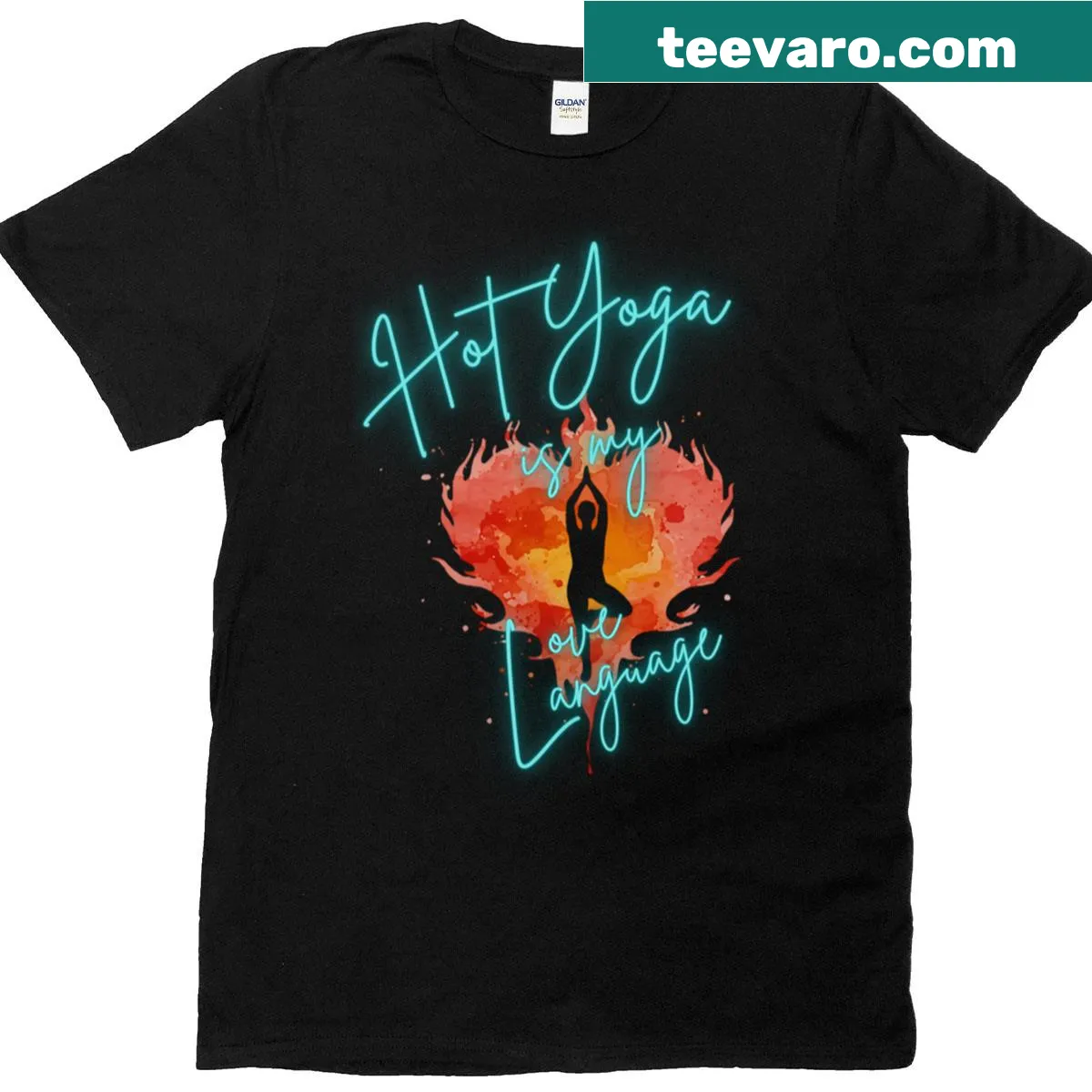 Inspirational T-shirt declaring hot yoga as love language — on a men's t-shirt