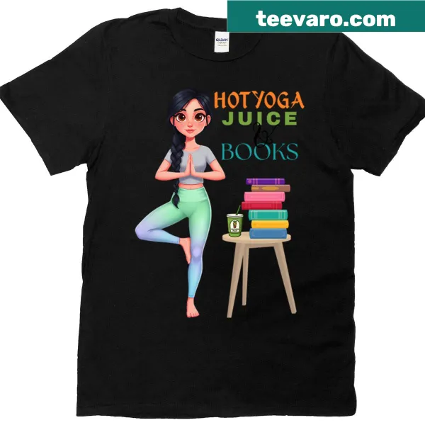 T-shirt celebrating hot yoga, juice, and books.