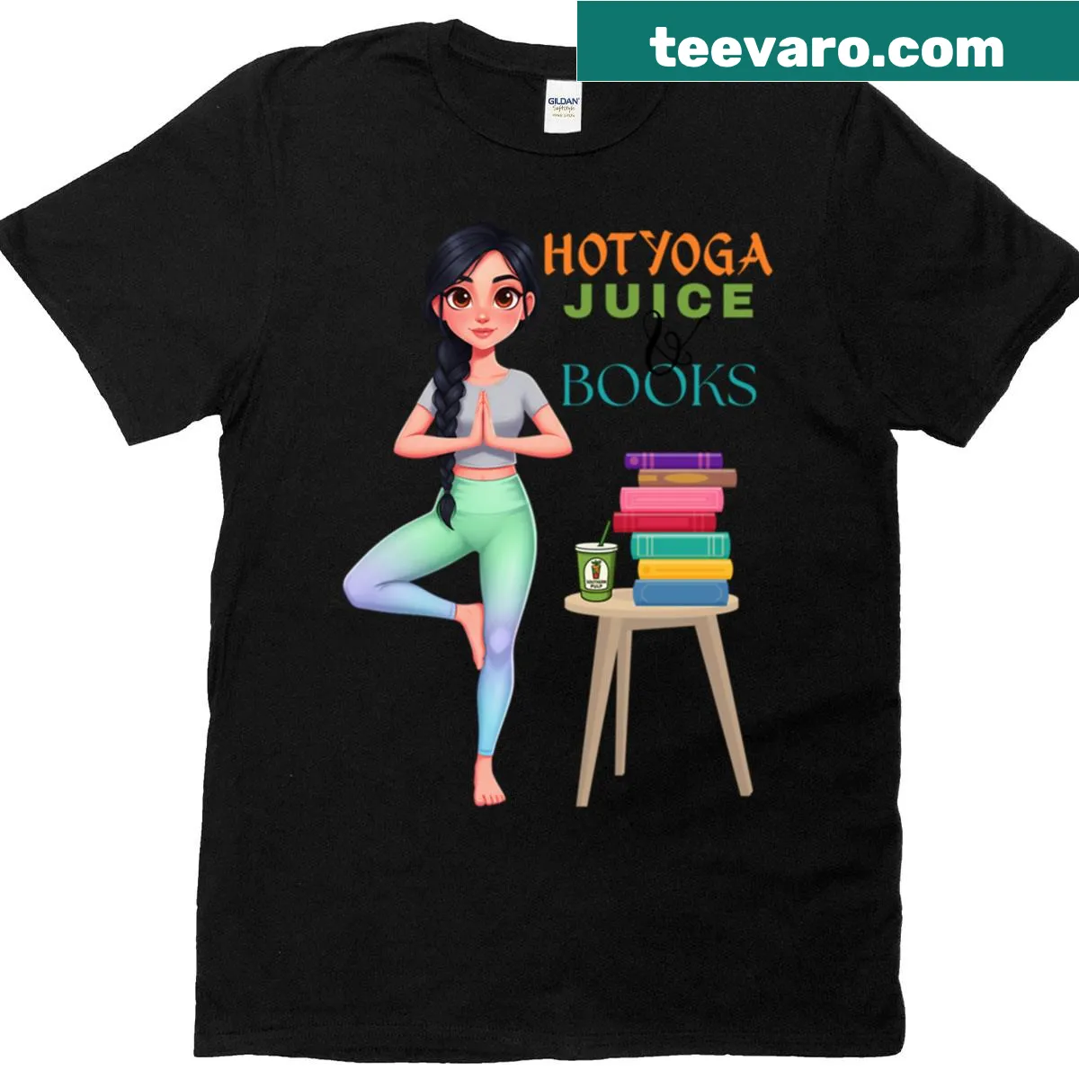 T-shirt celebrating hot yoga, juice, and books. — on a men's t-shirt