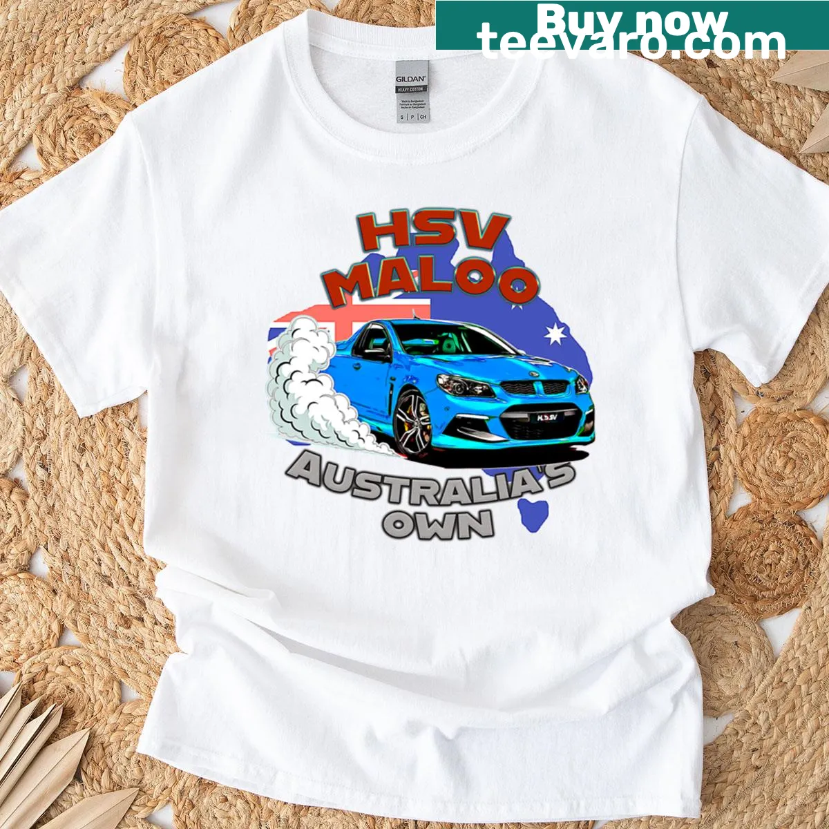 T-shirt featuring HSV Maloo badge emblem celebrating Australian muscle cars — on a men's t-shirt