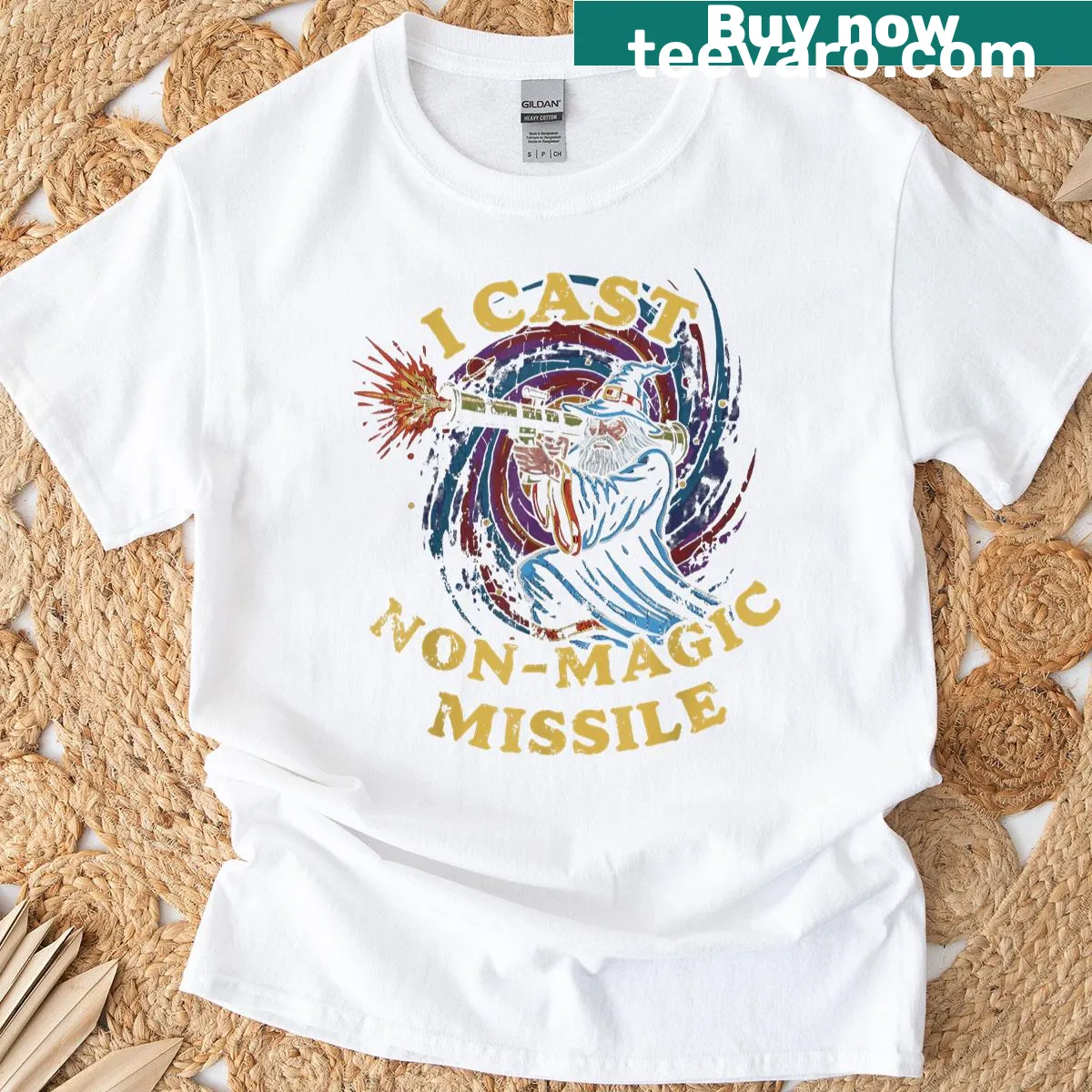 Funny wizard-themed T-shirt with parody text — on a men's t-shirt