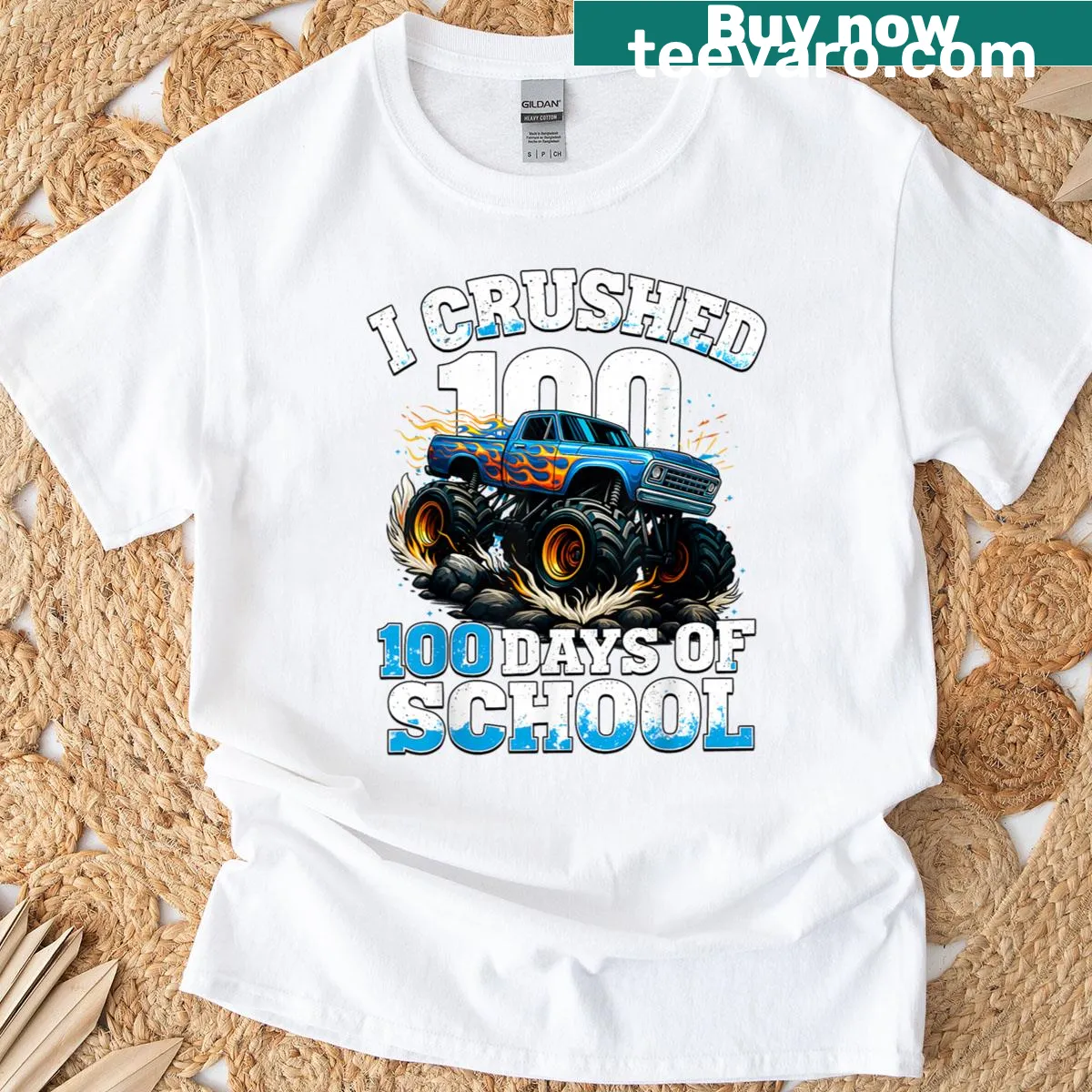 Monster truck graphic for 100th day of school on T-shirt — on a men's t-shirt