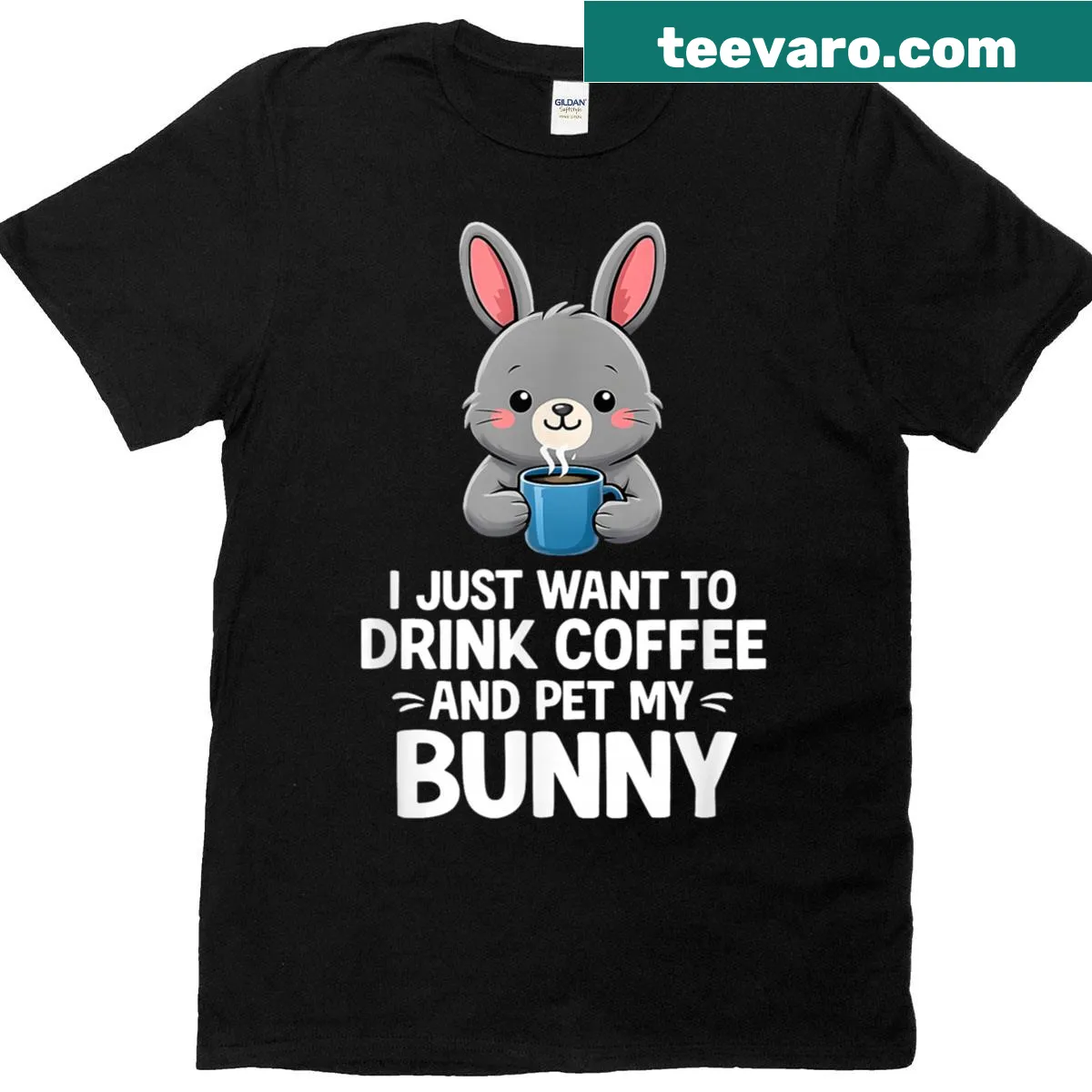 Cozy t-shirt expressing love for coffee and bunnies with playful text — on a men's t-shirt