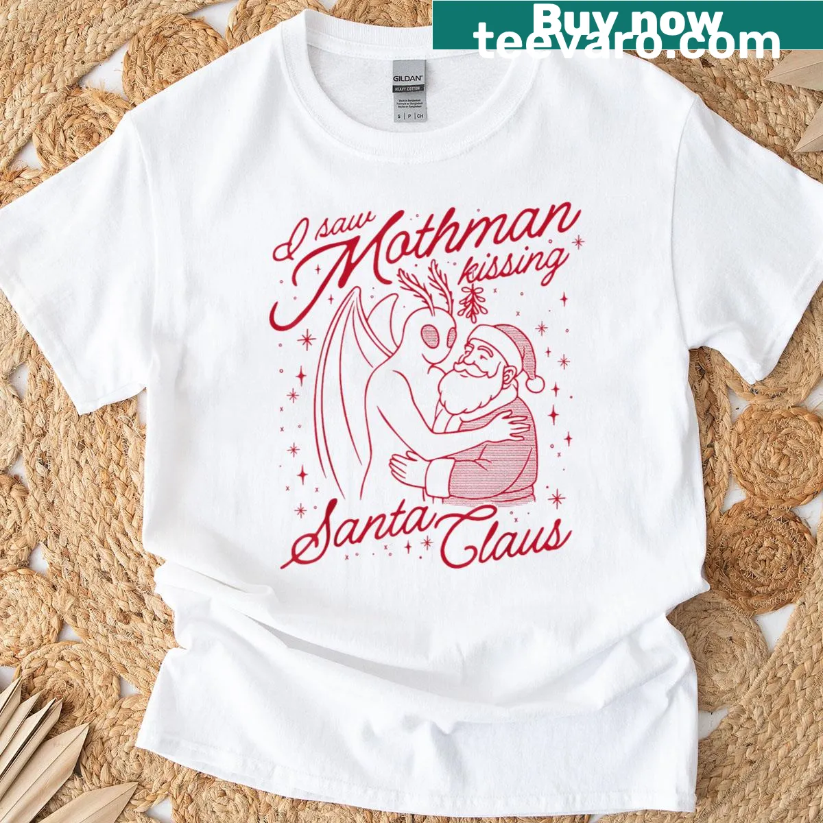 Graphic T-shirt of Mothman kissing Santa Claus — on a men's t-shirt