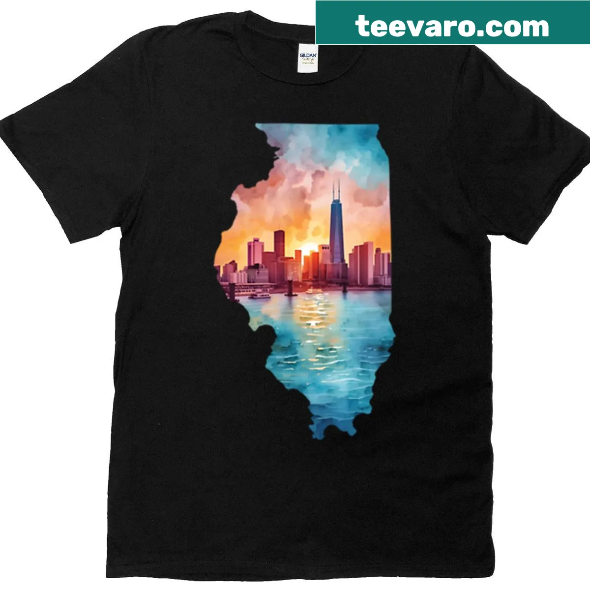 Illustrated Chicago skyline T-shirt with cityscape design — on a men's t-shirt