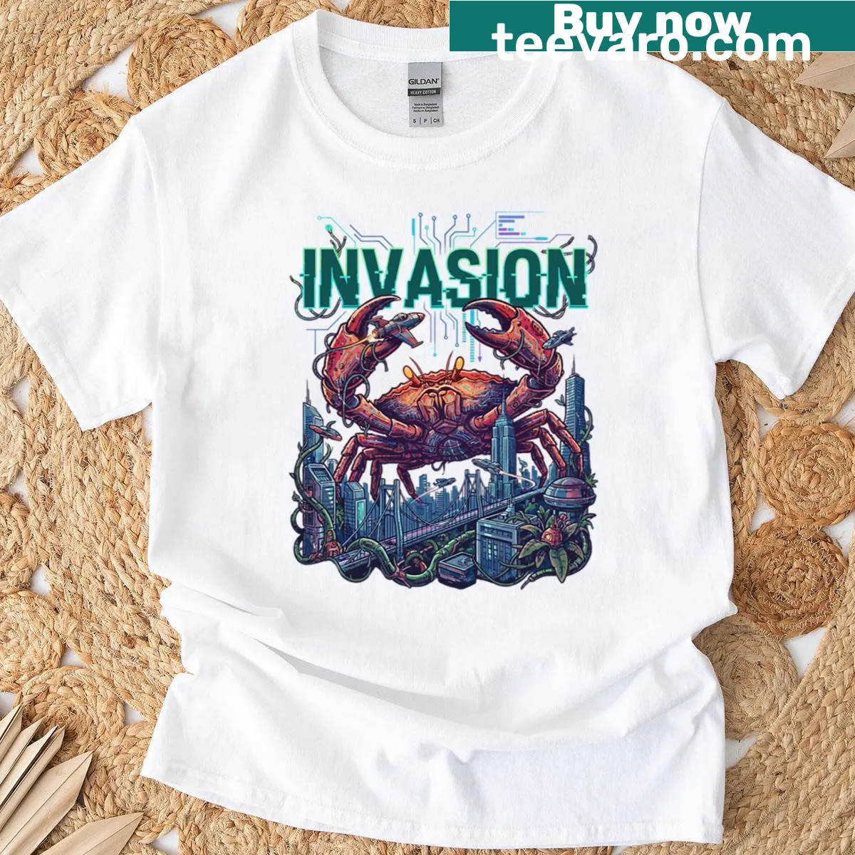 Retro graphic of a giant cyber crab attacking a city — on a men's t-shirt