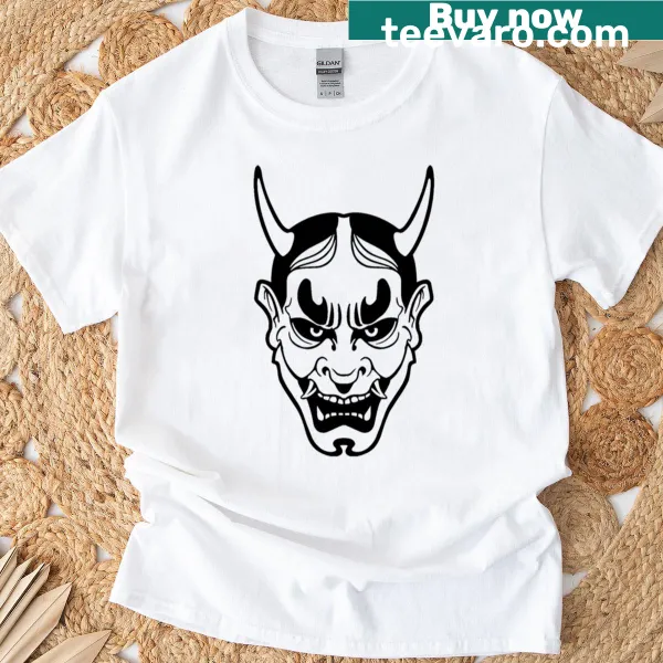 Black and white Oni demon mask t-shirt featuring horns and fangs