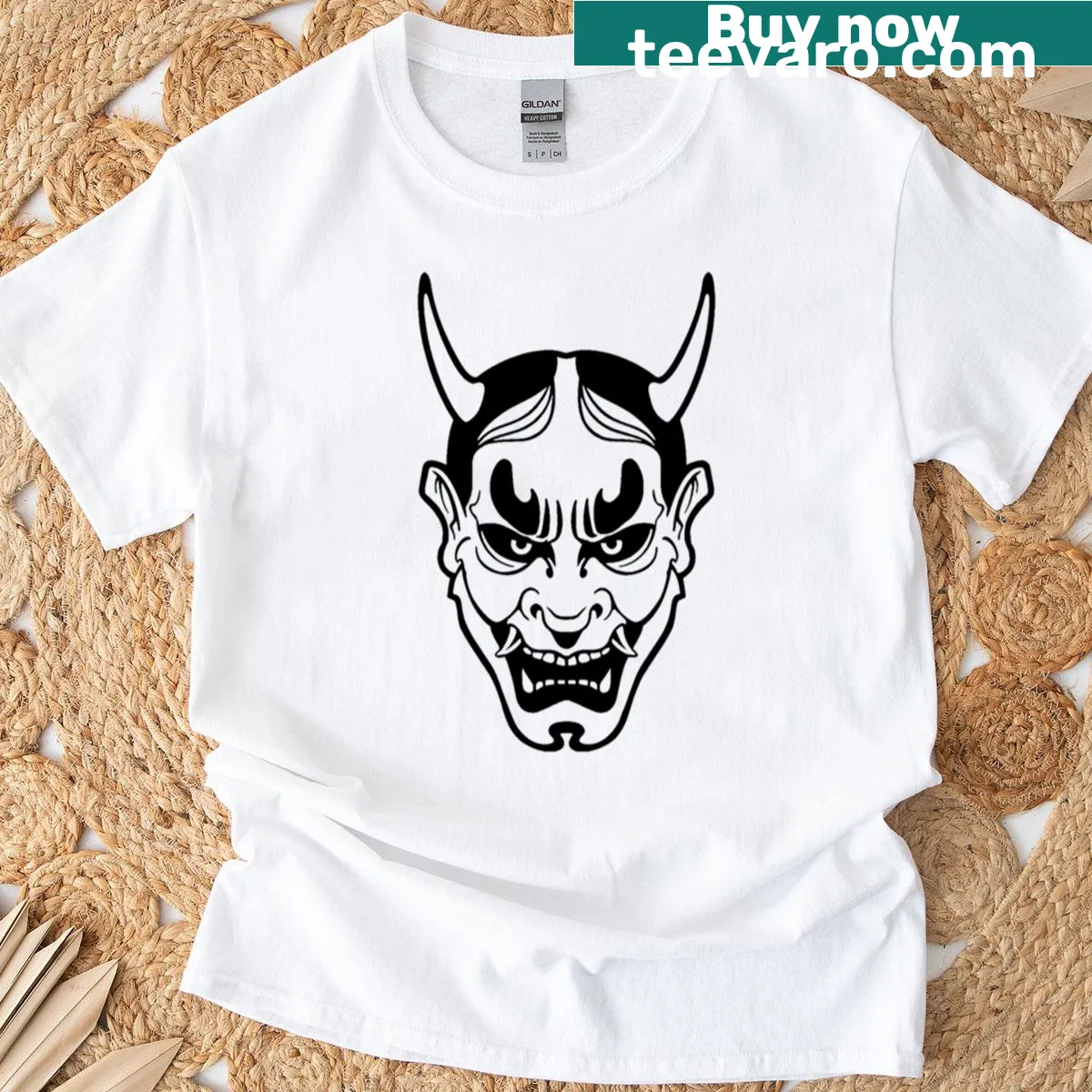 Black and white Oni demon mask t-shirt featuring horns and fangs — on a men's t-shirt