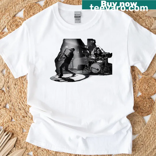Jazz-themed graphic t-shirt featuring notes and urban vibes