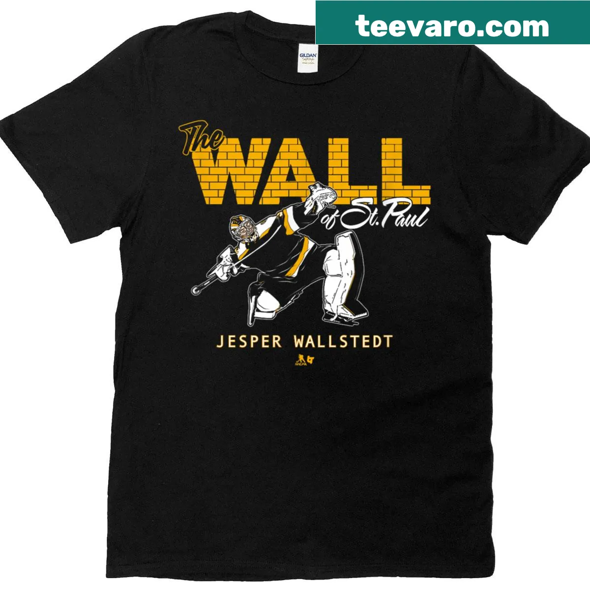 T-shirt featuring Jesper Wallstedt with a Minnesota hockey theme — on a men's t-shirt